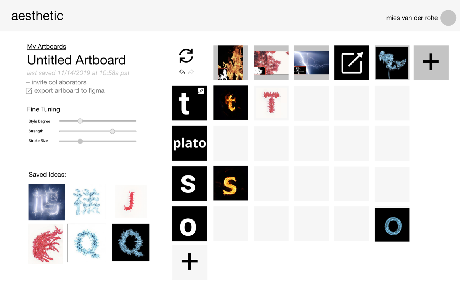 An artboard in Aesthetic filled with stylized letterform ideas