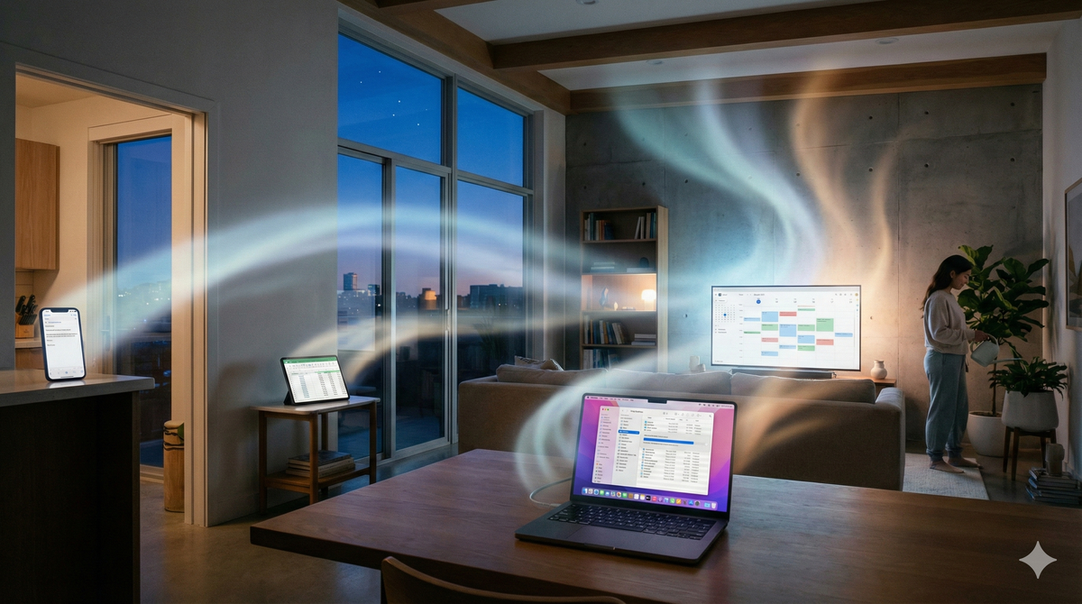 Streams of light flowing between a phone, tablet, laptop, and TV in a living room at dusk while a person waters a plant