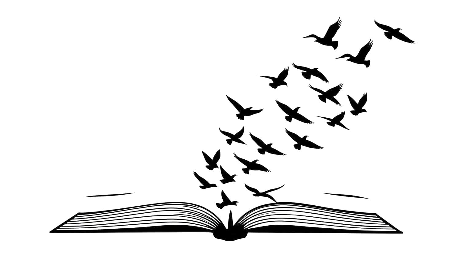 Black and white illustration of an open book whose pages take flight as a flock of birds