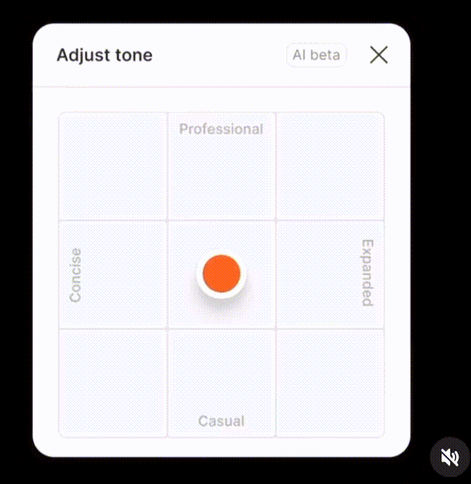 Figma's Adjust tone control: a 2D pad with axes running from casual to professional and concise to expanded