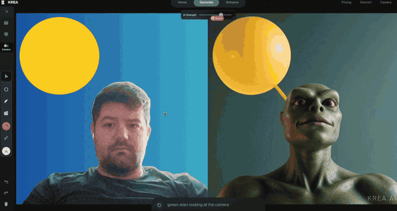 Krea's real-time canvas: a webcam feed and a yellow circle on the left, generating a live image of a green alien on the right as the prompt and canvas change