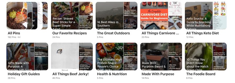 A Pinterest for Business account's boards, including Our Favorite Recipes, The Great Outdoors, and Holiday Gift Guides