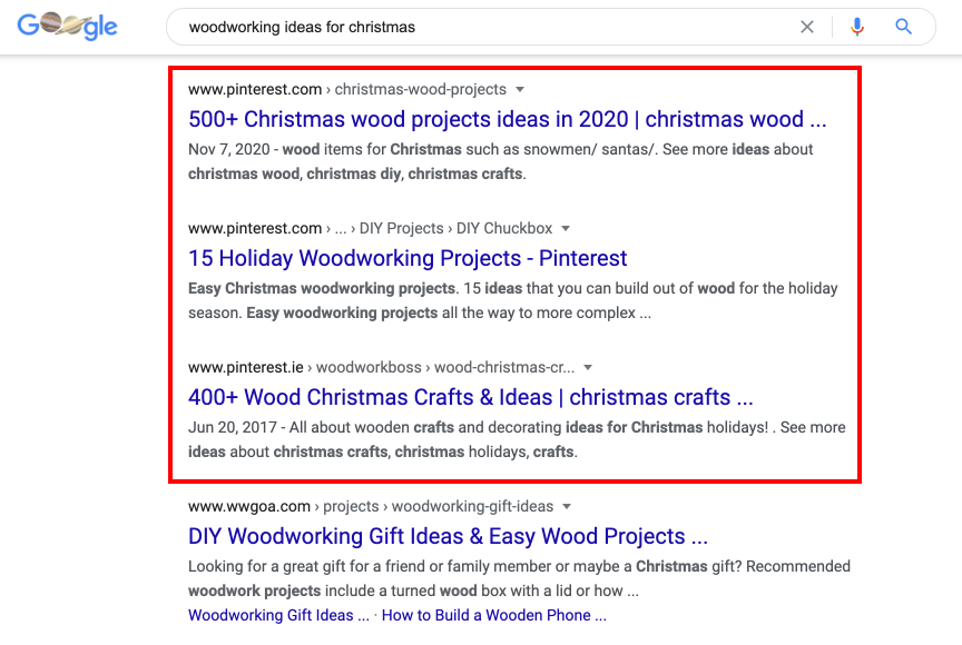 Google search results for "woodworking ideas for christmas" with the top three results, all from Pinterest, outlined in red
