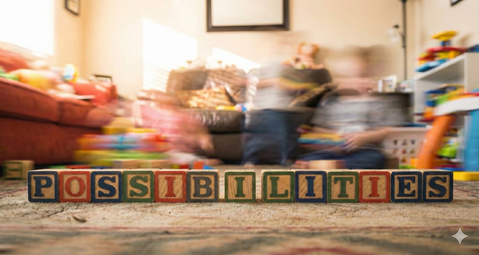 Wooden alphabet blocks spelling POSSIBILITIES on a living room carpet, a family motion-blurred behind them